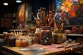 In the artists studio, a collection of paints and brushes
