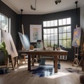 An artists studio flooded with natural light, featuring a large worktable, easels, hanging art, and splashes of paint on the flo