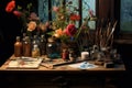 artists table with calligraphy tools and ink