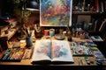 Artists workspace with paintbrushes, pencils and painting palette on wooden table, Step into a creative corner with