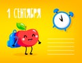 ÃÂ¡artoon apple with backpack and alarm clock on yellow background. Back to school vector card.