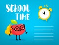 ÃÂ¡artoon apple schoolboy with backpack and alarm clock on blue background. Back to school card. Vector