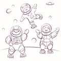 ?artoon astronauts in outer space, vector illustration for colouring