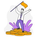 Successful leader. Happy businessman with a flag standing on coins stack.