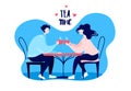 Artoon girl and guy drink tea at the table in a cafe. Romantic card Royalty Free Stock Photo