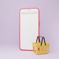 artoon minimal Smartphone with blank white screen and shopping basket retail store on e-commerce.