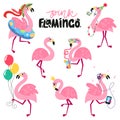 Set of cartoon pink flamingos