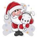 Artoon Santa Claus with white rabbit on a gray background