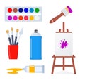 Arts and crafts items for drawing and painting. Supplies for creative education and hobby. Vector illustration