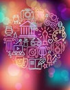 Arts and Entertainment icos on the Colorful background with defocused lights. Poster or postcard layout Royalty Free Stock Photo