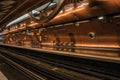 Arts et Metiers subway station platform covered by copper sheets in Paris.