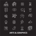 Arts graphics editable line icons vector set on black background. Arts graphics white outline illustrations, signs Royalty Free Stock Photo