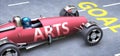 Arts helps reaching goals, pictured as a race car with a phrase Arts as a metaphor of Arts playing important role in getting value Royalty Free Stock Photo