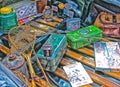 Fishing supplies artsy rendition Royalty Free Stock Photo