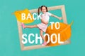 Artwork billboard collage of dancing little school child advertise back school discount isolated green color background