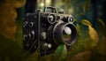 Retro camera with zoom lens reflection on natural background. Park bokeh composition. Generative AI illustration