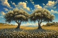 This artwork captures the depiction of two trees standing in a vibrant field filled with colorful flowers, Two intertwined trees