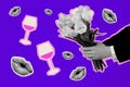Artwork collage of black white colors arms hold flowers pouted plump lips kiss painted wine glass isolated on violet