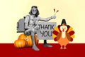 Artwork collage of black white effect guy sit pumpkin hold thank you placard hitch hiking drawing turkey hat isolated on