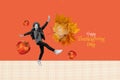 Artwork collage of excited positive mini black white colors girl dancing have fun apple fruit fallen leaves happy Royalty Free Stock Photo