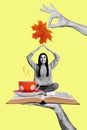Artwork collage illustration charming young woman reading atmosphere books drink coffee autumn vibe at home isolated on