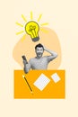 Artwork collage illustration of funny young man smm manager solution eureka light bulb how get more viewers isolated on