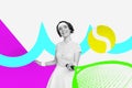 Artwork collage image of cheerful black white effect girl hand hold tennis racquet ball isolated on painted background Royalty Free Stock Photo