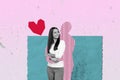 Artwork collage image of painted imagine boyfriend hug peaceful black white effect girl heart symbol isolated on