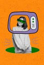 Artwork collage of lady standing inside painted television broadcasting news isolated on bright orange color background