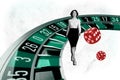 Artwork collage of mini black white colors wealthy elegant girl walk casino roulette wheel dice cubes isolated on Royalty Free Stock Photo