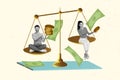 Artwork collage picture of two mini positive black white gamma people sit big vintage scales hold money coins dollar