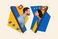 Artwork collage picture of two people inside smart phone display kiss like notification isolated on creative background