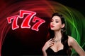 Artwork collage of stunning elegant girl casino fortune winner 777shiny lights isolated on black background Royalty Free Stock Photo