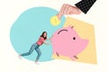 Artwork creative collage photo of young business lady pushing piggybank collect money nft tokens become rich isolated on