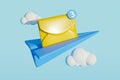 Artwork creative 3d collage picture of paper plane message notification flying clouds sky isolated on blue background Royalty Free Stock Photo