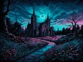 Artwork of a dark gothic landscape with an abbey, AI Generative