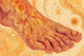 An artwork depicting the feet of a person against a vibrant orange backdrop, Detailed illustration of a reflexology foot map, AI