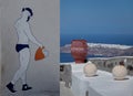 Artwork depicting a man in a bathing suit standing in the foreground of the Santorini landscape