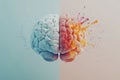 This artwork depicts a brain divided: one half with engineering sketches and the other vivid colors, symbolizing Royalty Free Stock Photo