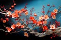 artwork depicts a branch with delicate orange and white blossoms against a blue-black background, creating a striking and Royalty Free Stock Photo