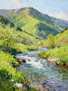 The Awakening of the Alpine Valley: A Vernal Stream Cascading Through Sun-Drenched Highlands Royalty Free Stock Photo