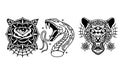 artwork design black and white of rose , snake and head cheeta vector illustration