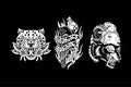 artwork design of head cheeta, snake and head wolf black and white vector illustration Royalty Free Stock Photo