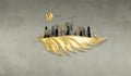 Artwork digital paint wallpaper. golden leaf and sun with colorful trees and deers on a light background