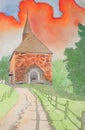 Aquarel Painting Of A Small Chapel In The Woods