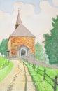 Aquarel Painting Of A Small Chapel In The Woods