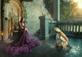 Artwork fantasy fairy evil insidious revenge woman queen sits on throne. Punishes captive girl princess metal chains Royalty Free Stock Photo