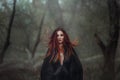 Artwork fantasy gothic woman dark witch obsessed by evil. Red-haired Girl demon in black dress cape hood. Red hair Royalty Free Stock Photo