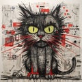 A Graffitied Assemblage: Black Cat With Red Eye