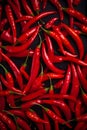 Hot chili peppers depicted in contrast against a dark background. The juicy, red peppers create a visual effect.